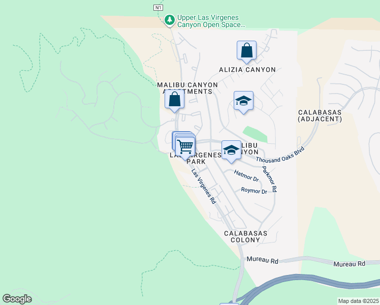 map of restaurants, bars, coffee shops, grocery stores, and more near 5606 Las Virgenes Road in Calabasas