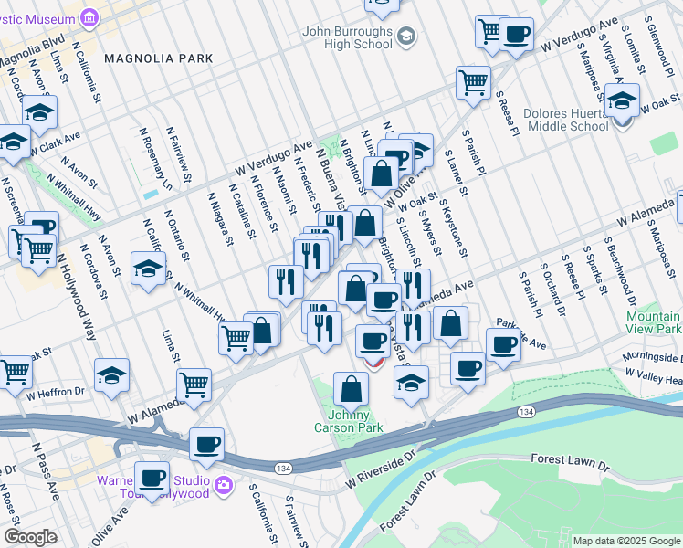 map of restaurants, bars, coffee shops, grocery stores, and more near 2600 West Olive Avenue in Burbank