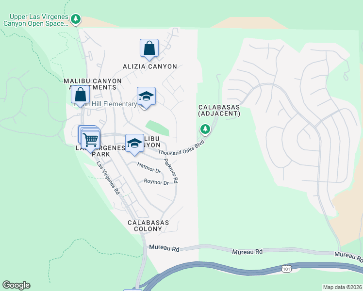 map of restaurants, bars, coffee shops, grocery stores, and more near 26005 Adamor Road in Calabasas