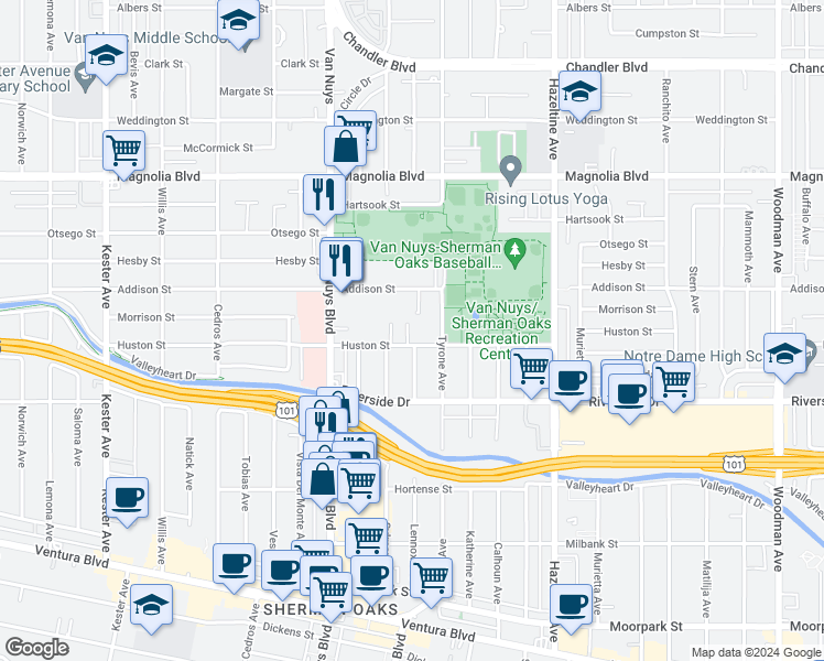 map of restaurants, bars, coffee shops, grocery stores, and more near 14335 Huston Street in Los Angeles