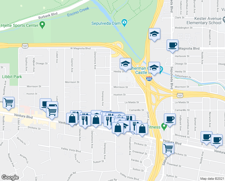 map of restaurants, bars, coffee shops, grocery stores, and more near 4918 Haskell Avenue in Los Angeles