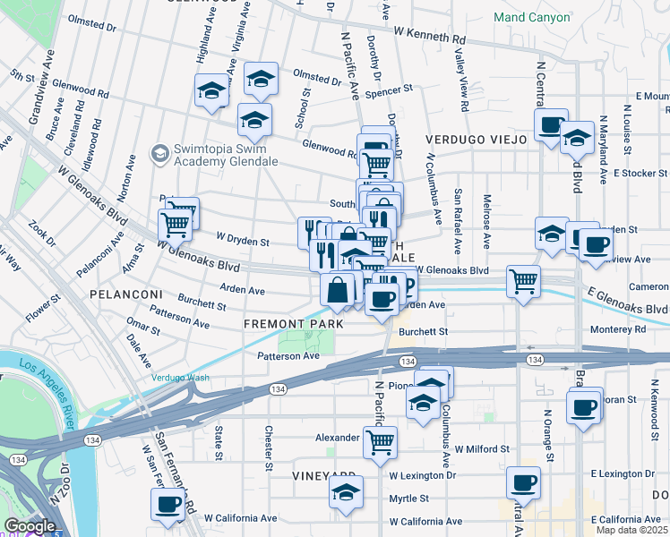 map of restaurants, bars, coffee shops, grocery stores, and more near 565 West Glenoaks Boulevard in Glendale