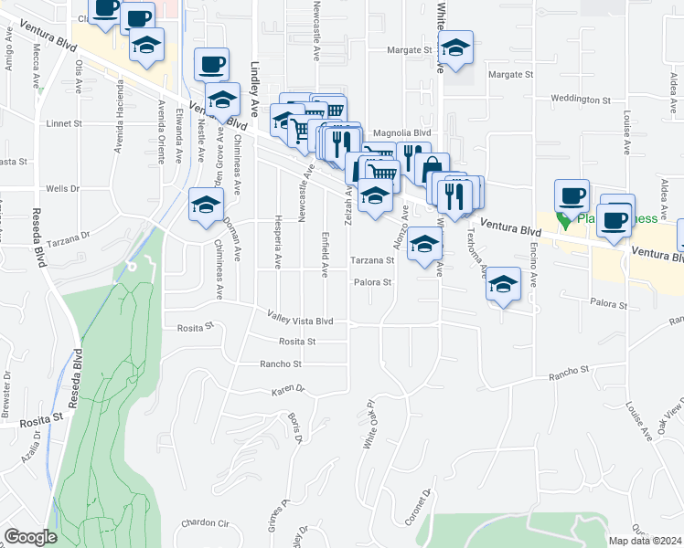 map of restaurants, bars, coffee shops, grocery stores, and more near 4951 Zelzah Avenue in Los Angeles