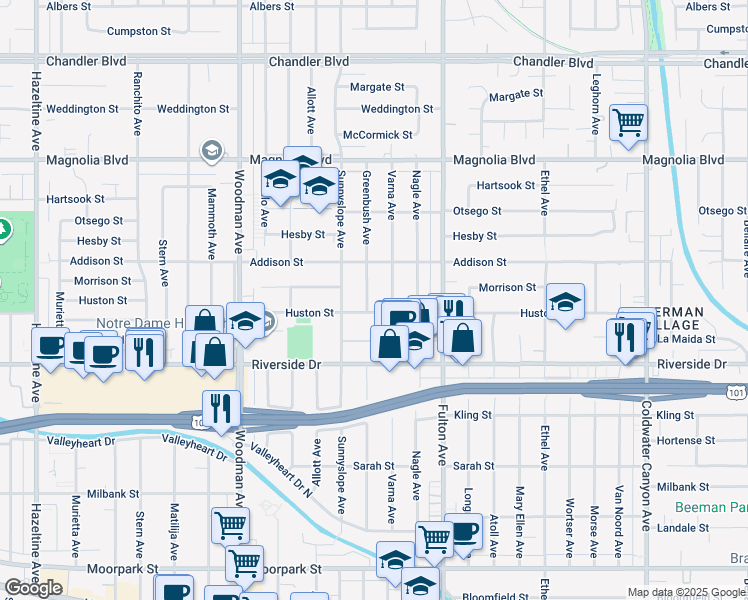 map of restaurants, bars, coffee shops, grocery stores, and more near 4916 Greenbush Avenue in Los Angeles