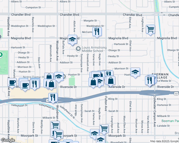 map of restaurants, bars, coffee shops, grocery stores, and more near 4916 Greenbush Avenue in Los Angeles