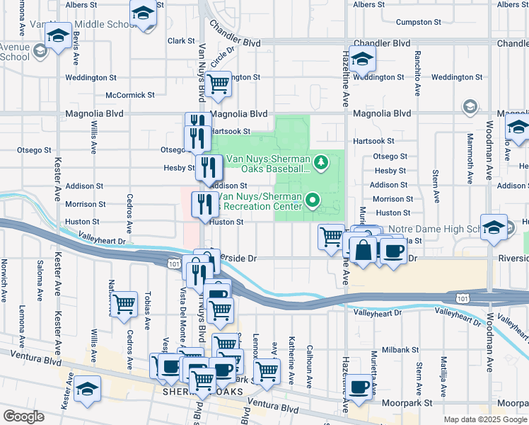 map of restaurants, bars, coffee shops, grocery stores, and more near 4915 Tyrone Avenue in Los Angeles