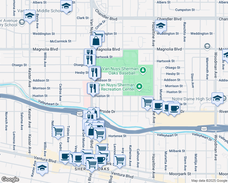 map of restaurants, bars, coffee shops, grocery stores, and more near 4857 Lennox Avenue in Los Angeles