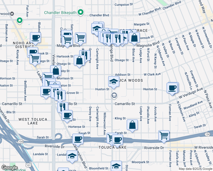 map of restaurants, bars, coffee shops, grocery stores, and more near 4910 Willowcrest Avenue in Los Angeles