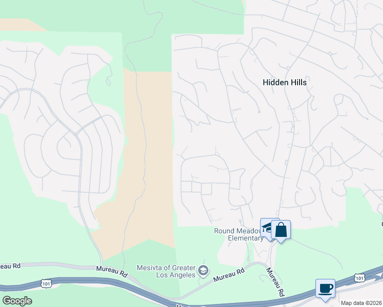 map of restaurants, bars, coffee shops, grocery stores, and more near 25127 Jim Bridger Road in Hidden Hills