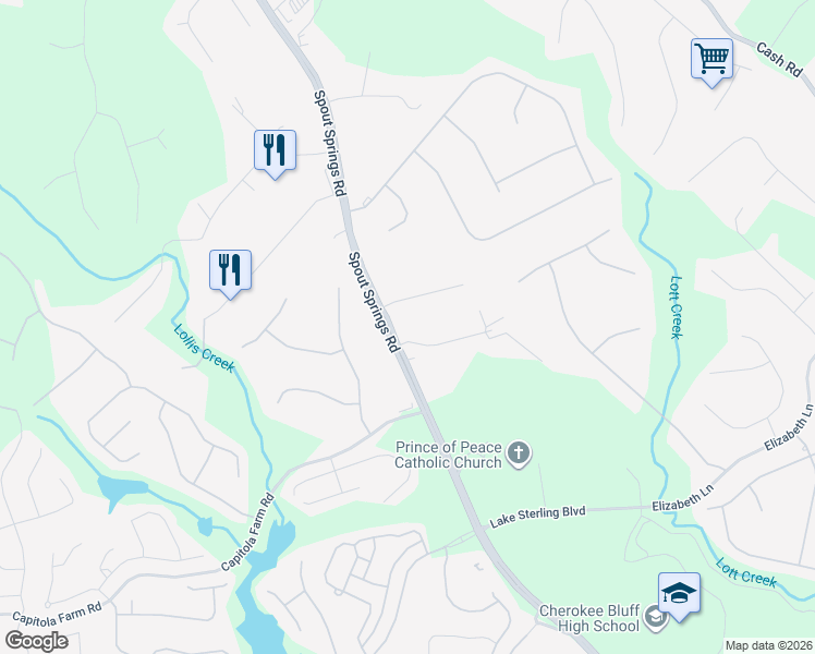 map of restaurants, bars, coffee shops, grocery stores, and more near 6317 Spout Springs Road in Flowery Branch