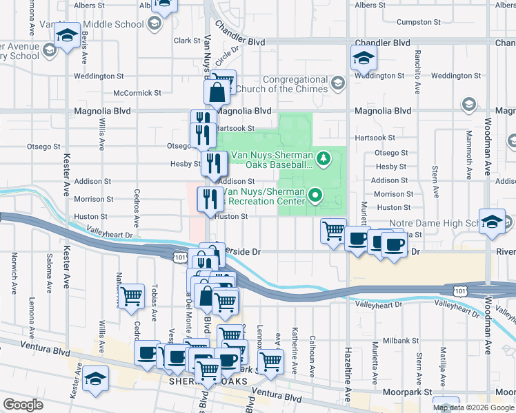 map of restaurants, bars, coffee shops, grocery stores, and more near 14335 Huston Street in Los Angeles