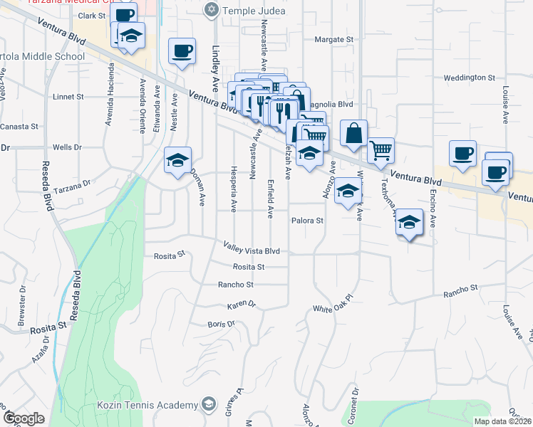 map of restaurants, bars, coffee shops, grocery stores, and more near 4951 Enfield Avenue in Los Angeles