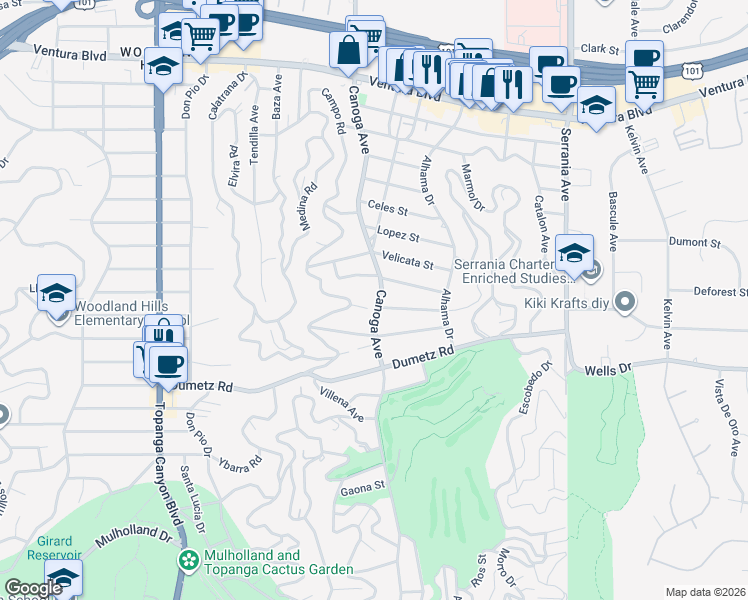 map of restaurants, bars, coffee shops, grocery stores, and more near 21330 San Miguel Street in Los Angeles