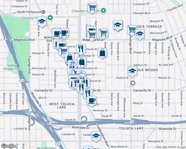 map of restaurants, bars, coffee shops, grocery stores, and more near Huston Street & Cleon Avenue in Los Angeles