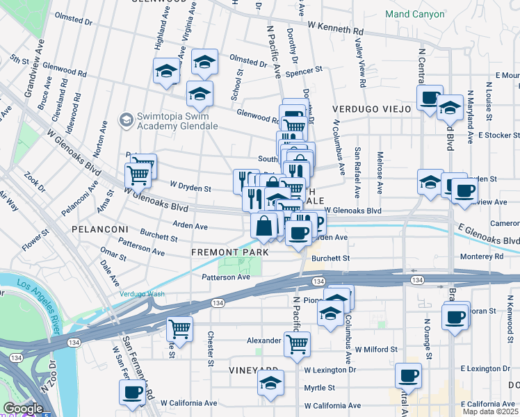 map of restaurants, bars, coffee shops, grocery stores, and more near 565 West Glenoaks Boulevard in Glendale