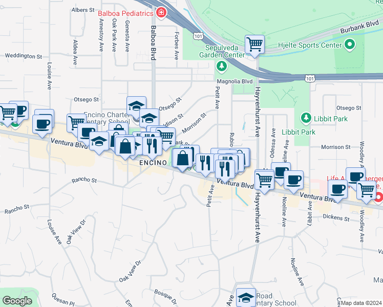 map of restaurants, bars, coffee shops, grocery stores, and more near 16758 La Maida Street in Los Angeles