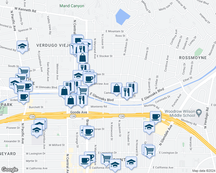 map of restaurants, bars, coffee shops, grocery stores, and more near 316 East Fairview Avenue in Glendale