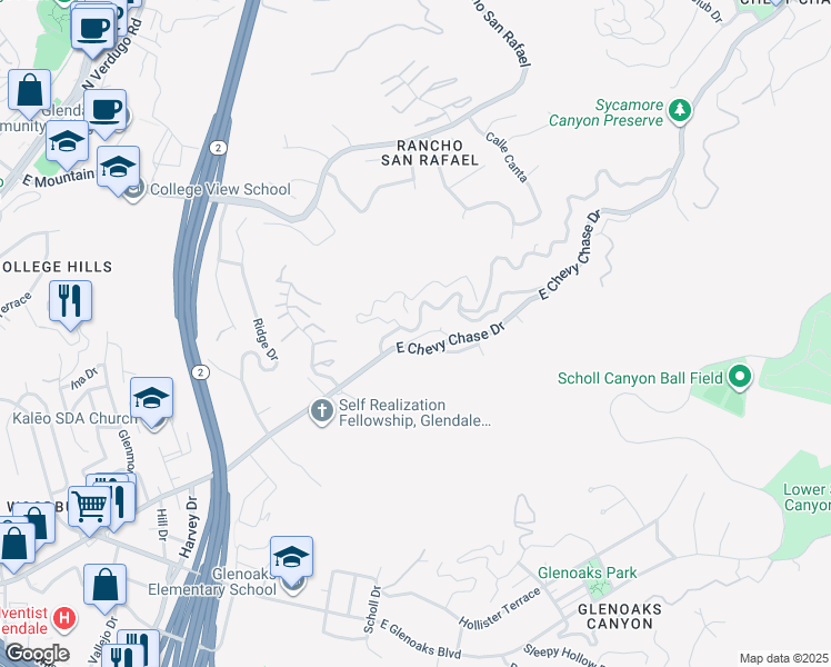 map of restaurants, bars, coffee shops, grocery stores, and more near 2342 Cascadia Drive in Glendale