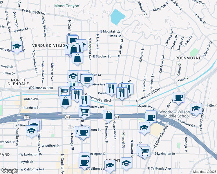 map of restaurants, bars, coffee shops, grocery stores, and more near 334 East Fairview Avenue in Glendale