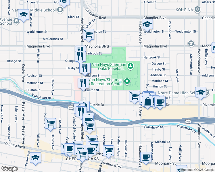 map of restaurants, bars, coffee shops, grocery stores, and more near 4915 Tyrone Avenue in Los Angeles