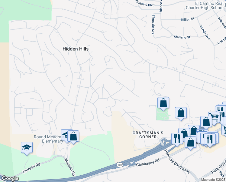 map of restaurants, bars, coffee shops, grocery stores, and more near 5380 Whitman Road in Hidden Hills