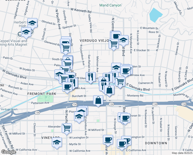 map of restaurants, bars, coffee shops, grocery stores, and more near 303 West Glenoaks Boulevard in Glendale