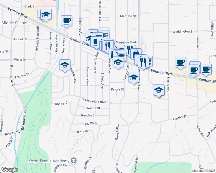 map of restaurants, bars, coffee shops, grocery stores, and more near 4951 Zelzah Avenue in Los Angeles