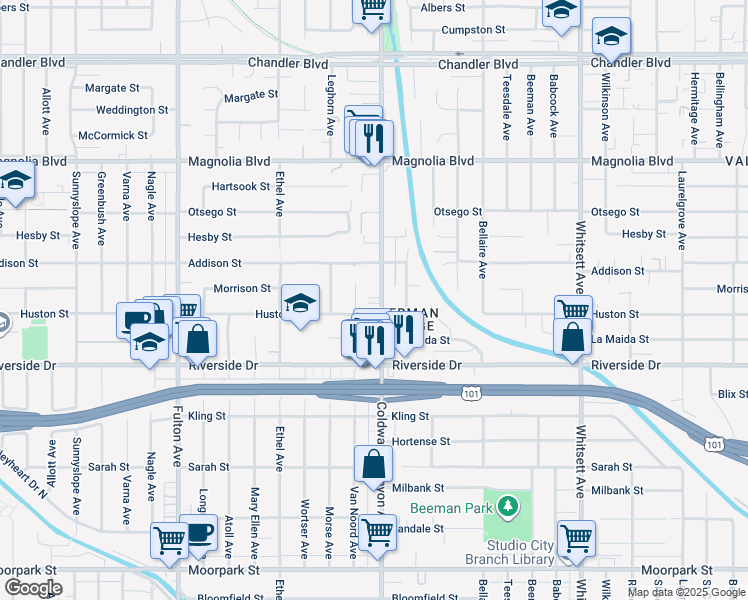 map of restaurants, bars, coffee shops, grocery stores, and more near 4921 Coldwater Canyon Avenue in Los Angeles