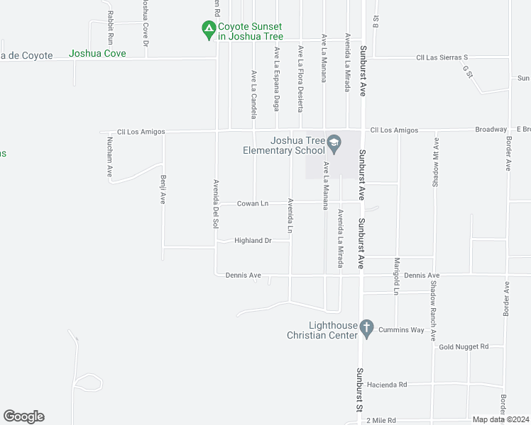 map of restaurants, bars, coffee shops, grocery stores, and more near 61769 Cowan Lane in Joshua Tree