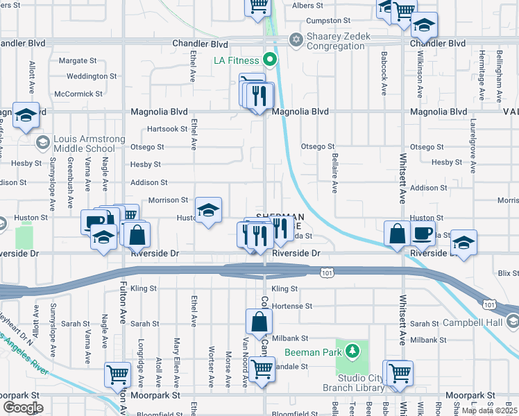 map of restaurants, bars, coffee shops, grocery stores, and more near 4921 Coldwater Canyon Avenue in Los Angeles