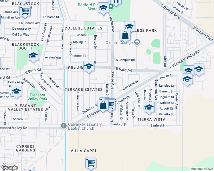 map of restaurants, bars, coffee shops, grocery stores, and more near in Oxnard