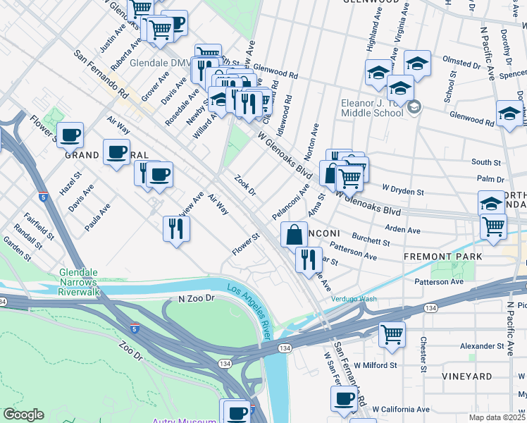 map of restaurants, bars, coffee shops, grocery stores, and more near 810 Norton Avenue in Glendale
