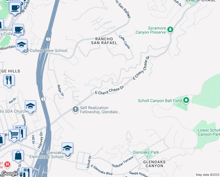 map of restaurants, bars, coffee shops, grocery stores, and more near 2411 East Chevy Chase Drive in Glendale