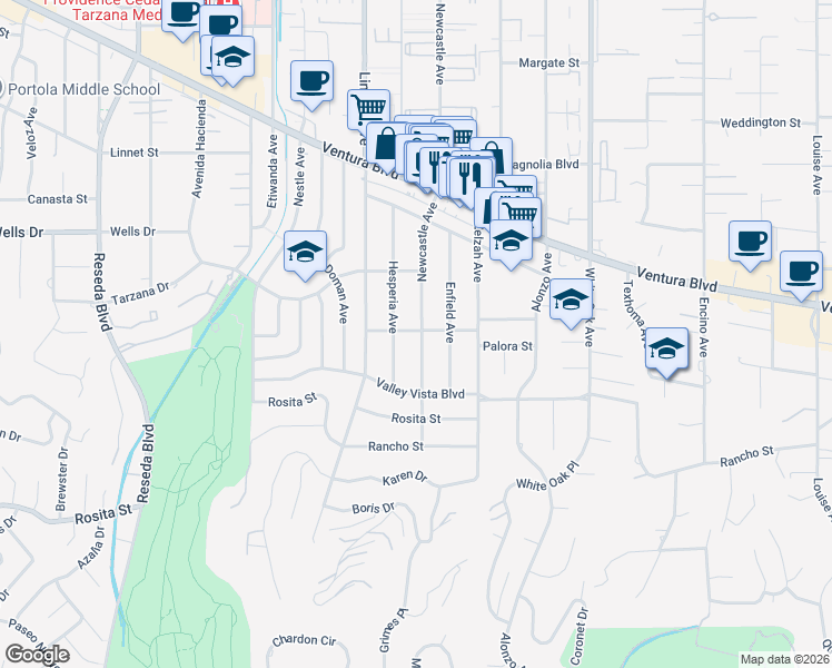 map of restaurants, bars, coffee shops, grocery stores, and more near 4943 Newcastle Avenue in Los Angeles
