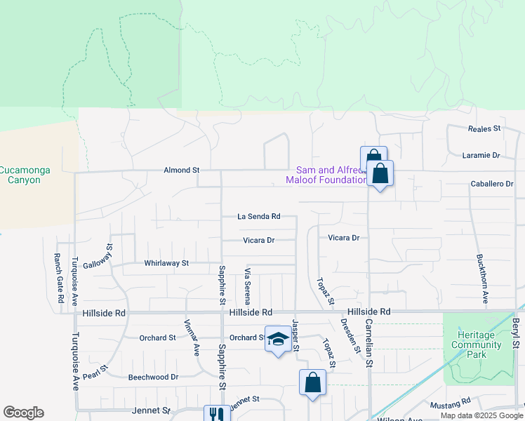 map of restaurants, bars, coffee shops, grocery stores, and more near 8326 La Senda Road in Rancho Cucamonga