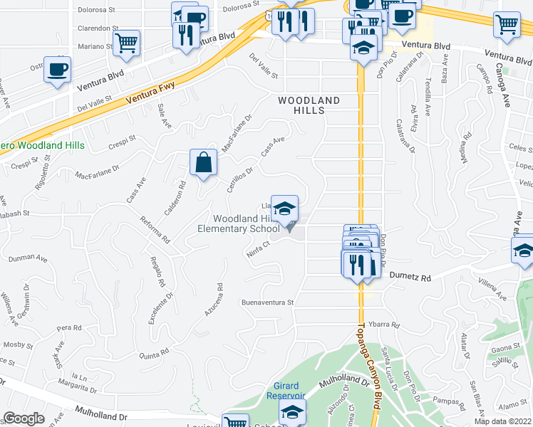 map of restaurants, bars, coffee shops, grocery stores, and more near 22250 Capulin Court in Los Angeles