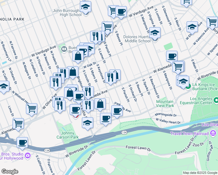 map of restaurants, bars, coffee shops, grocery stores, and more near 2107 West Alameda Avenue in Burbank