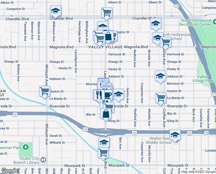 map of restaurants, bars, coffee shops, grocery stores, and more near 4904 Laurel Canyon Boulevard in Los Angeles