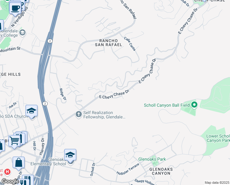 map of restaurants, bars, coffee shops, grocery stores, and more near 2411 East Chevy Chase Drive in Glendale