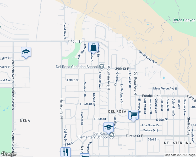 map of restaurants, bars, coffee shops, grocery stores, and more near 3834 Ferndale Avenue in San Bernardino