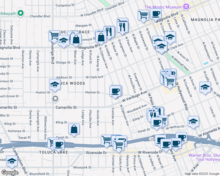 map of restaurants, bars, coffee shops, grocery stores, and more near 4927 Forman Avenue in Los Angeles