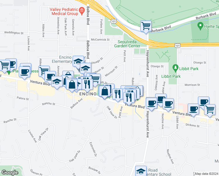 map of restaurants, bars, coffee shops, grocery stores, and more near 16758 La Maida Street in Los Angeles