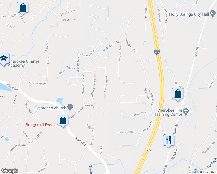 map of restaurants, bars, coffee shops, grocery stores, and more near 5135 Shadow Wood Drive in Canton