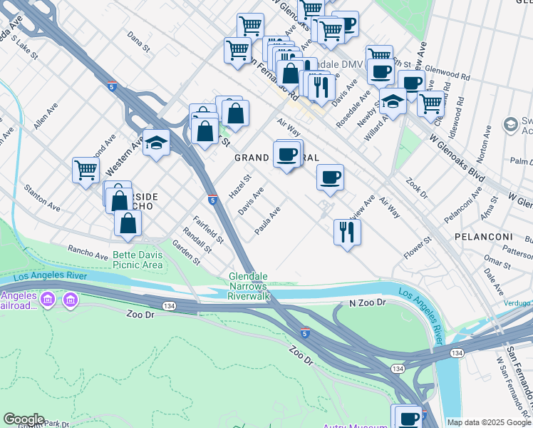 map of restaurants, bars, coffee shops, grocery stores, and more near 1305 Aristo Street in Glendale