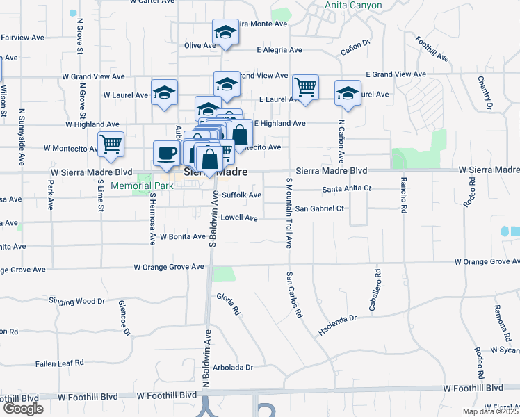 map of restaurants, bars, coffee shops, grocery stores, and more near in Sierra Madre