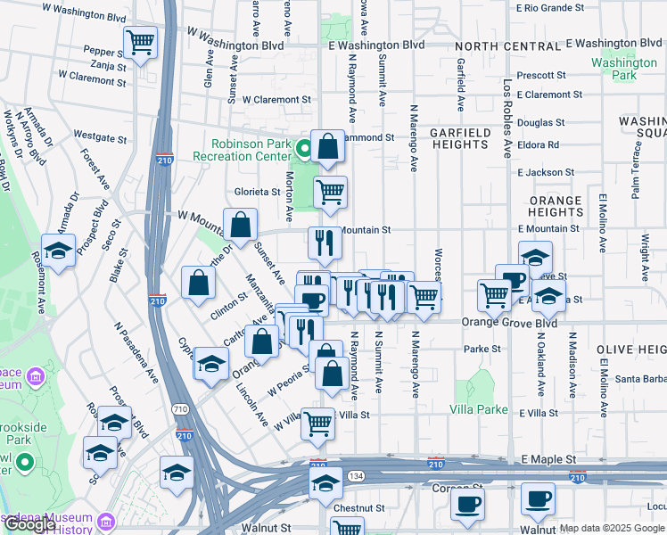 map of restaurants, bars, coffee shops, grocery stores, and more near in Pasadena