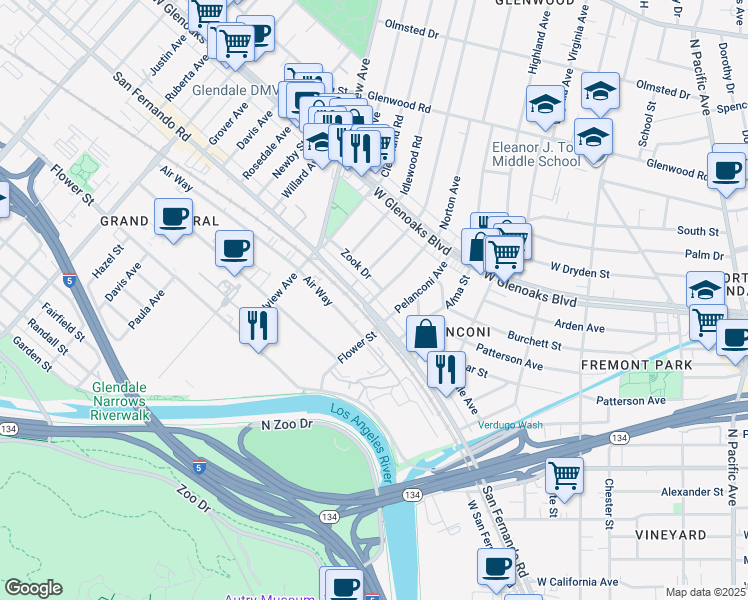 map of restaurants, bars, coffee shops, grocery stores, and more near in Glendale