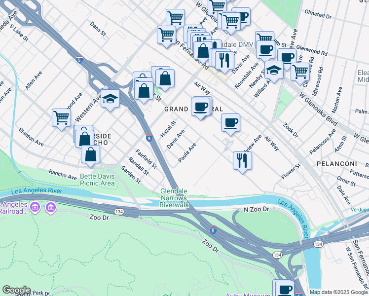 map of restaurants, bars, coffee shops, grocery stores, and more near in Glendale