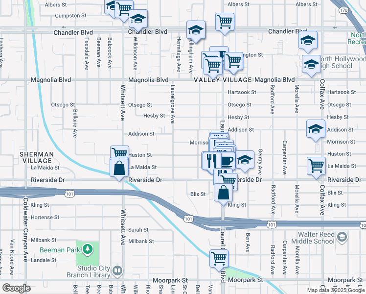 map of restaurants, bars, coffee shops, grocery stores, and more near in Los Angeles