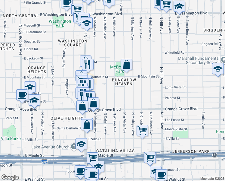 map of restaurants, bars, coffee shops, grocery stores, and more near 782 North Wilson Avenue in Pasadena
